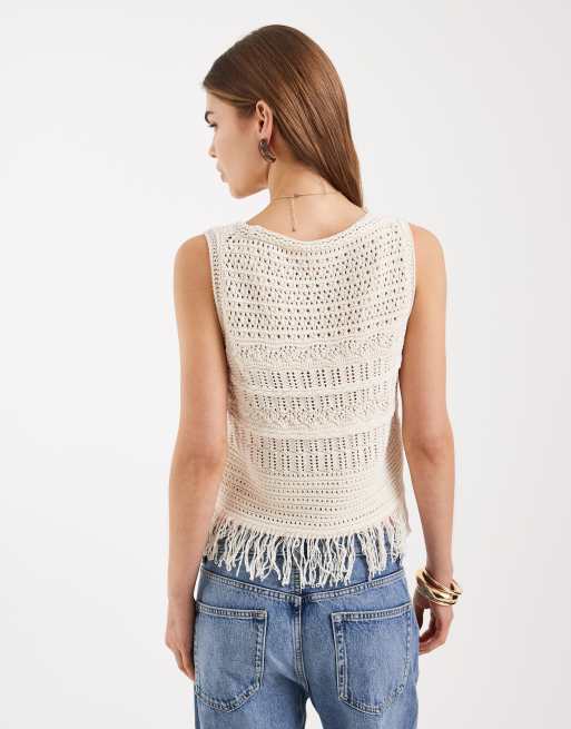 ONLY - Gehaakt gebreid gilet met franjes in crème, 4 van 4
