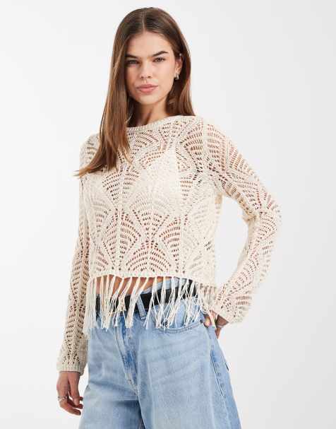 ONLY - Gehaakte boho-top met franjes in beige - view 1