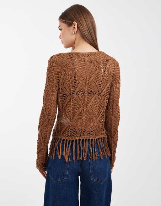 ONLY – Gehäkeltes Boho-Oberteil in Braun mit Fransendetail, 3 von 4