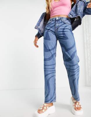 Only - Gerade Dad-Jeans mit Wirbelmuster in Blau