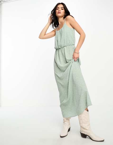 Only – Gerafftes Maxikleid in Grün mit Tupfenmuster - view 1