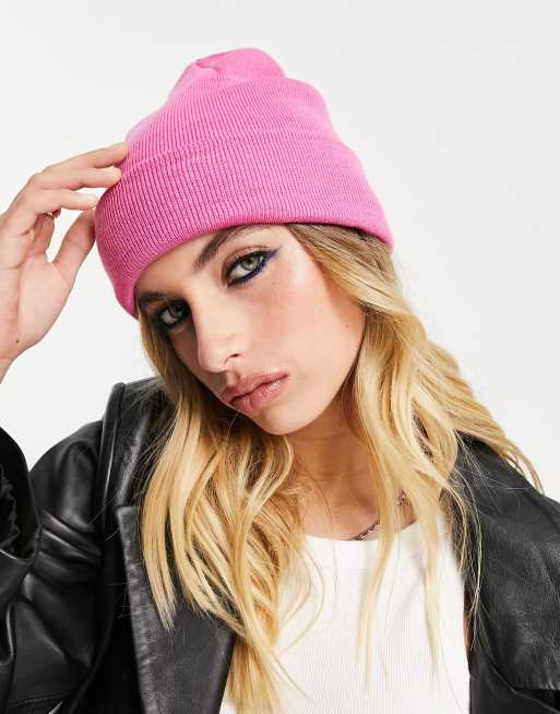 Only - Geribbelde beanie in felroze 