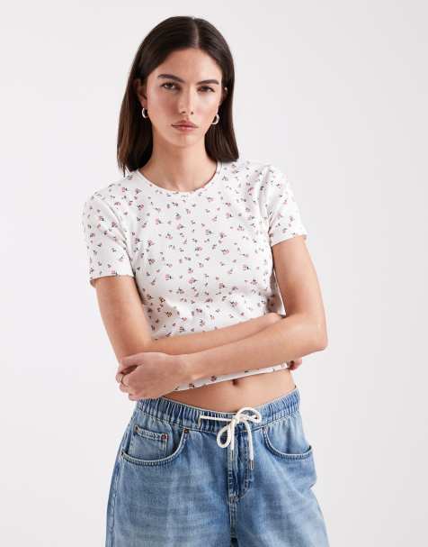 ONLY - Geribbelde crop top in wit met rozenprint - view 1