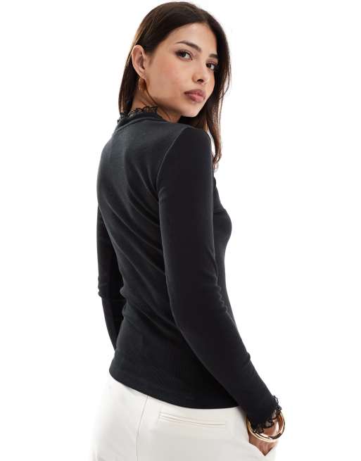 Only - Geribbelde top met lange mouwen en kanten zoom in zwart, 4 van 4