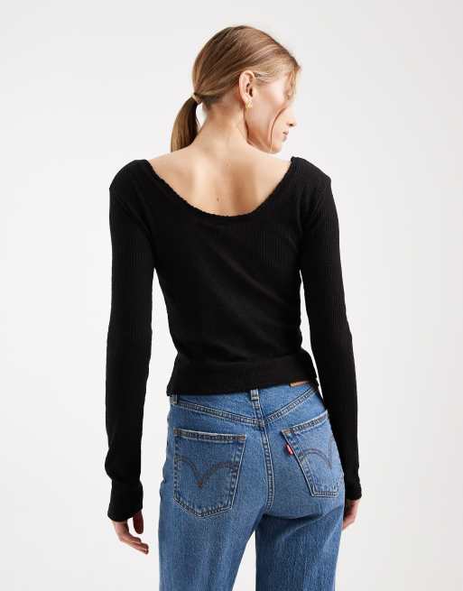 ONLY - Geribbelde top met lange mouwen en lage ronde hals in zwart, 2 van 4