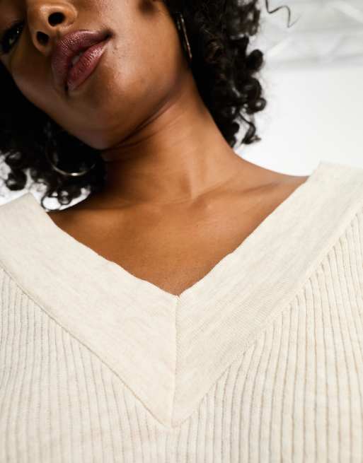 Only – Gerippter Pullover in Cremeweiß mit V-Ausschnitt , 3 von 4