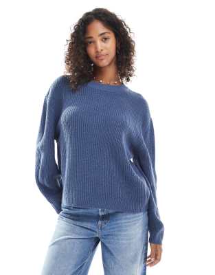 ONLY - Gerippter Strickpullover in Vintage-Indigo mit Rundhalsausschnitt-Blau