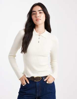 ONLY - Geripptes, langärmliges Polohemd in Hellbeige-Neutral