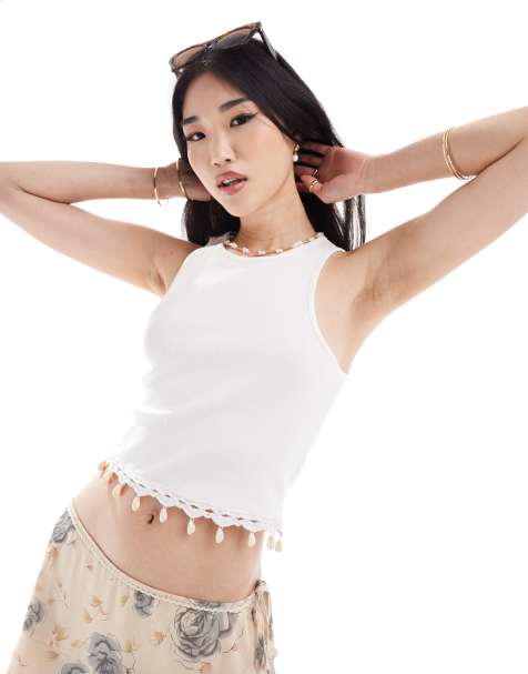 ONLY – Geripptes Tanktop in Weiß mit Muscheldetails - view 1