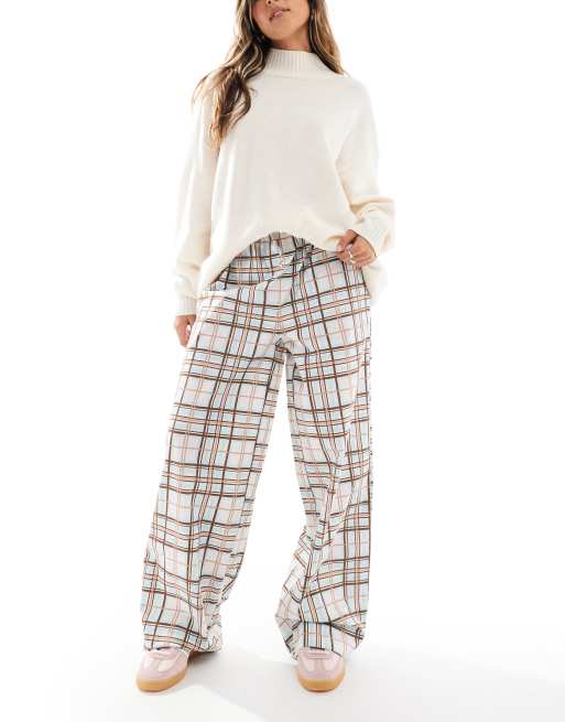 Only - Geruite broek met elastische tailleband en wijde pijpen in grijs