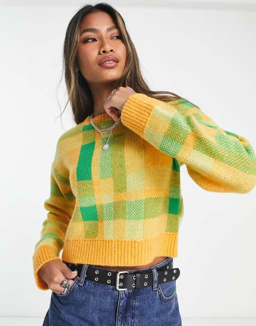 Only Geruite cropped trui in geel en groen ASOS