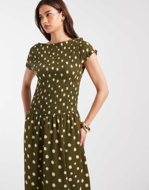 ONLY - Gesmokte maxi jurk met groene stippen, 2 van 4