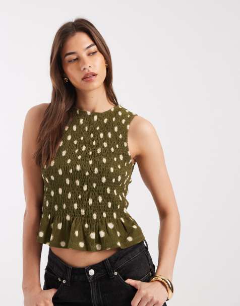 ONLY – Gesmoktes, ärmelloses Oberteil in Grün mit Polka Dots - view 1
