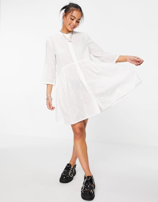Only – Gesmoktes Hemdkleid in Weiß mit 3/4-Ärmeln
