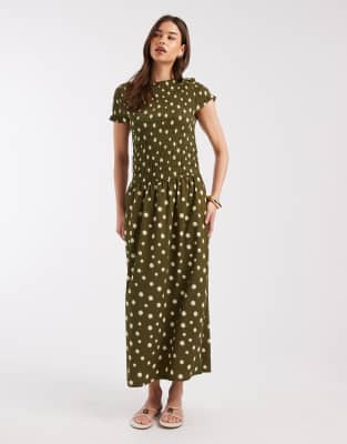 Gesmoktes Maxikleid in Grün mit Polka Dots Grün 36