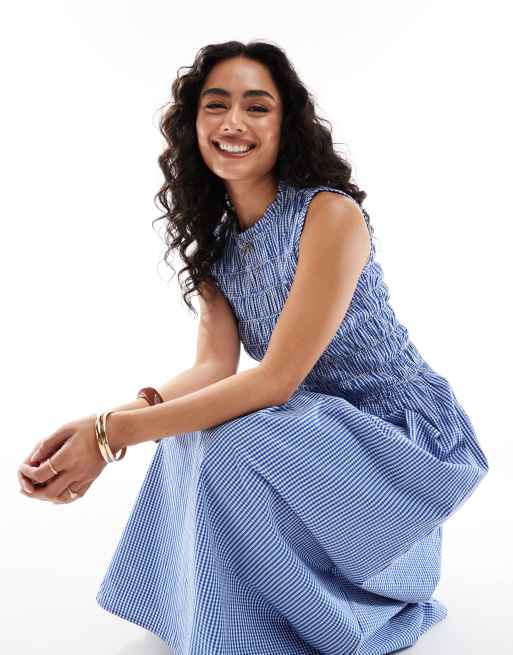 ONLY – Gesmoktes Maxikleid in Hellblau mit tiefer Taille und Vichy-Karos, 3 von 4