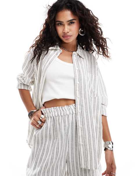 ONLY - Gestreept oversized overhemd van linnenmix in wit en grijs, deel van co-ord set - view 1