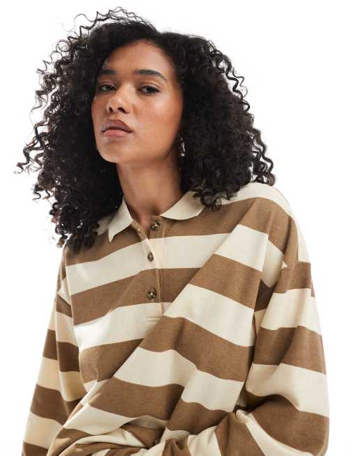 ONLY - Gestreept sweatshirt met polokraag en lange mouwen in beige en bruin, 4 van 4