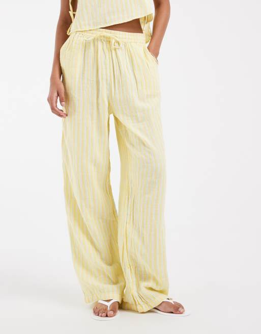 ONLY - Gestreepte broek van kaasdoek met wijde pijpen in citroengeel, deel van co-ord set, 2 van 5