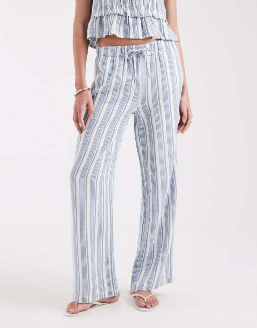 ONLY - Gestreepte broek van linnenmix met elastische taille in blauw, deel van co-ord set, 2 van 5