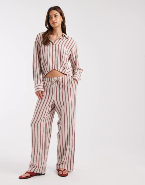 ONLY - Gestreepte co-ord set van linnenmix met cropped overhemd met verlaagde zoom en broek met gestrikte taille in beige en rood - view 1