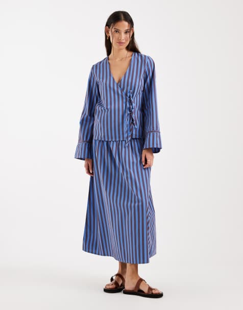 ONLY - Gestreepte midaxi rok in blauw en chocoladebruin, deel van co-ord set - view 1