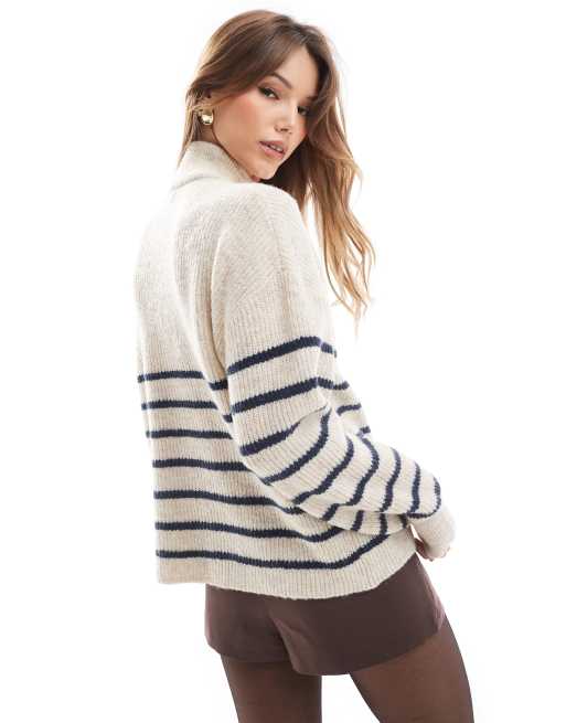 ONLY - Gestreepte trui met 1/4 rits in beige, 3 van 4