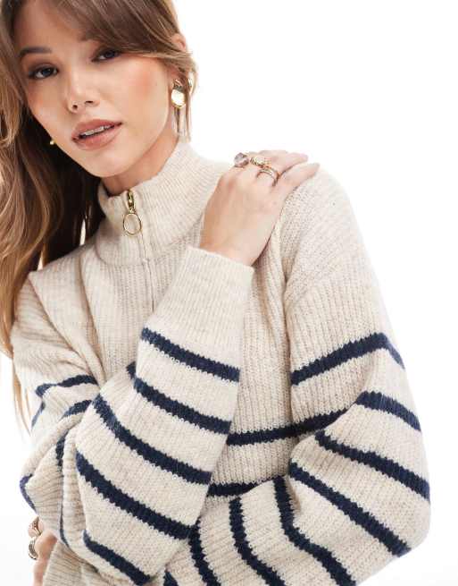 ONLY - Gestreepte trui met 1/4 rits in beige, 4 van 4