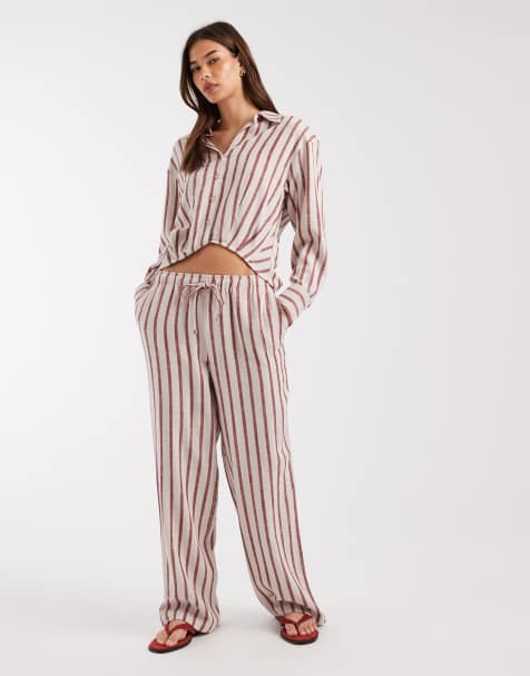 ONLY – Gestreifte Hose mit Leinen in Beige und Rot mit Bindegürtel, Kombiteil - view 1