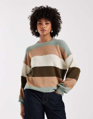 ONLY - Gestreifter Pullover in Khaki mit überschnittenen Schultern-Grün