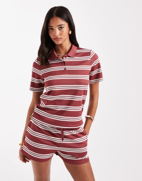 ONLY – Gestreiftes Poloshirt in Burgunderrot mit Strukturmuster, Kombiteil - view 1