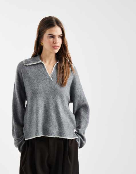 ONLY – Gestricktes Polohemd in Grau mit Kontrastnaht - view 1