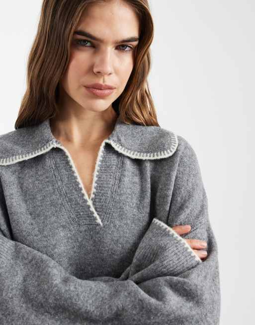 ONLY – Gestricktes Polohemd in Grau mit Kontrastnaht, 4 von 4