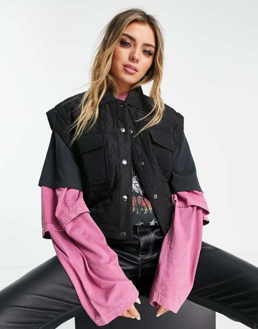 Only - Gewatteerde cropped bodywarmer met drukknopen in zwart