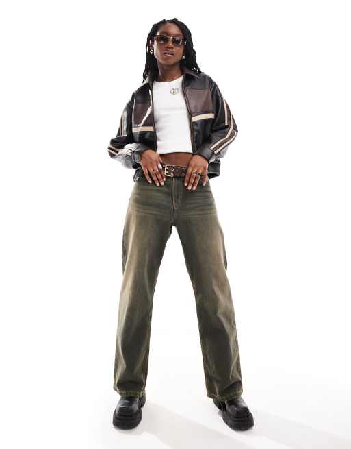 Only - Giacca bomber marrone in pelle sintetica rétro stile motociclista  