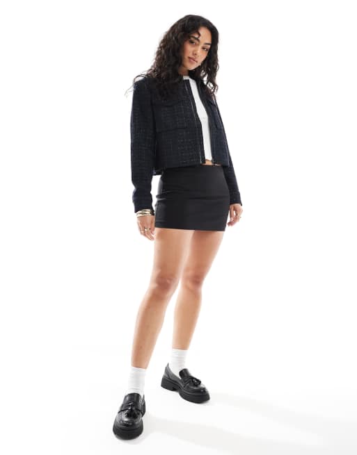 ONLY - Giacca corta blu navy in bouclé con zip, 2 di 4