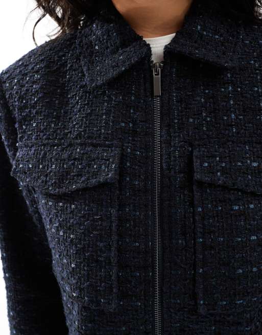 ONLY - Giacca corta blu navy in bouclé con zip, 4 di 4