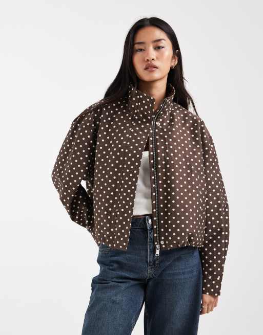ONLY - Giacca corta marrone a pois con zip, 2 di 4