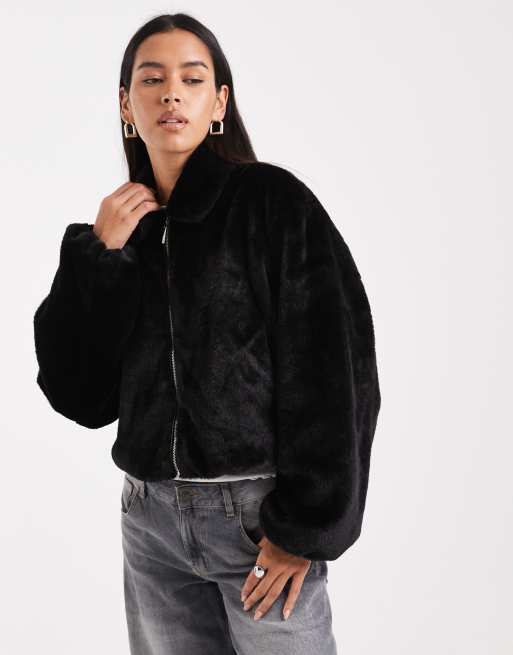 ONLY - Giacca in pelliccia sintetica nera con chiusura con zip, 2 di 4