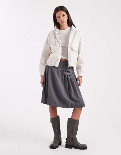 ONLY - Giacca in tessuto a coste color pietra con zip e cappuccio, 2 di 4