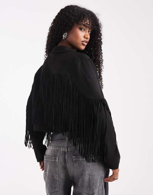 Frange Giubbotto Nero Di Jeans ONLY Giacca Nera Bohémien In