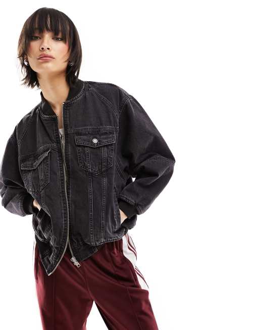 Only - Giacca stile bomber imbottita in denim nero slavato  