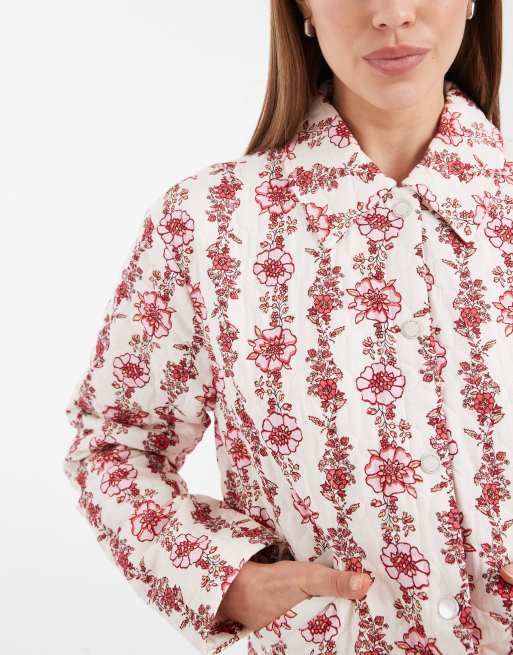ONLY - Giacca trapuntata color crema con stampa a fiori rosa, 2 di 4