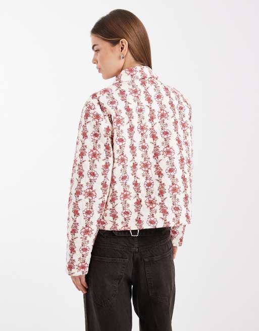 ONLY - Giacca trapuntata color crema con stampa a fiori rosa, 3 di 4