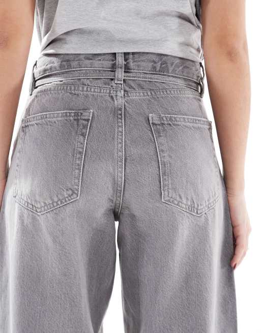 ONLY Gianna mid waist baggy jeans with tie waist in washed gray, 3 of 5