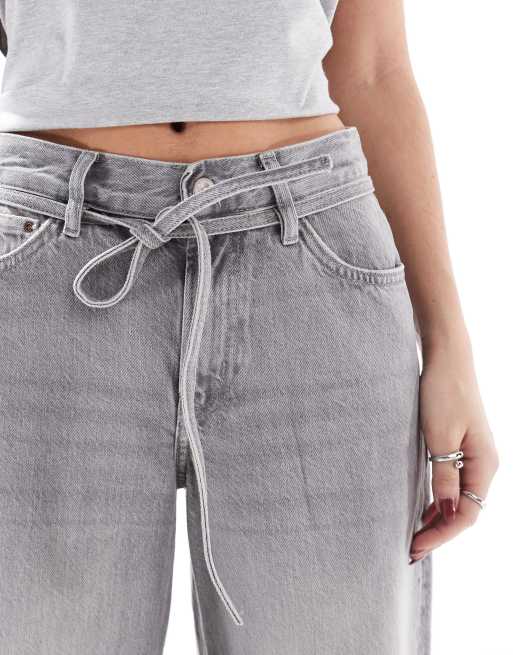 ONLY Gianna mid waist baggy jeans with tie waist in washed gray, 5 of 5
