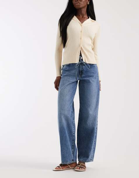 ONLY Gianna mid waist barrel jeans in mid blue 