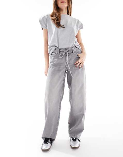 ONLY Gianna mid waist baggy jeans with tie waist in washed grey