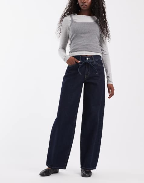 ONLY Gianna tie waist straight leg jeans in dark blue - view 1
