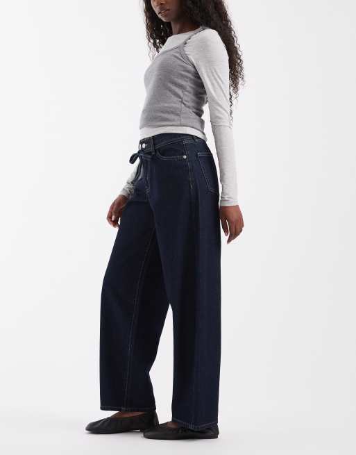 ONLY Gianna tie waist straight leg jeans in dark blue, 2 of 5